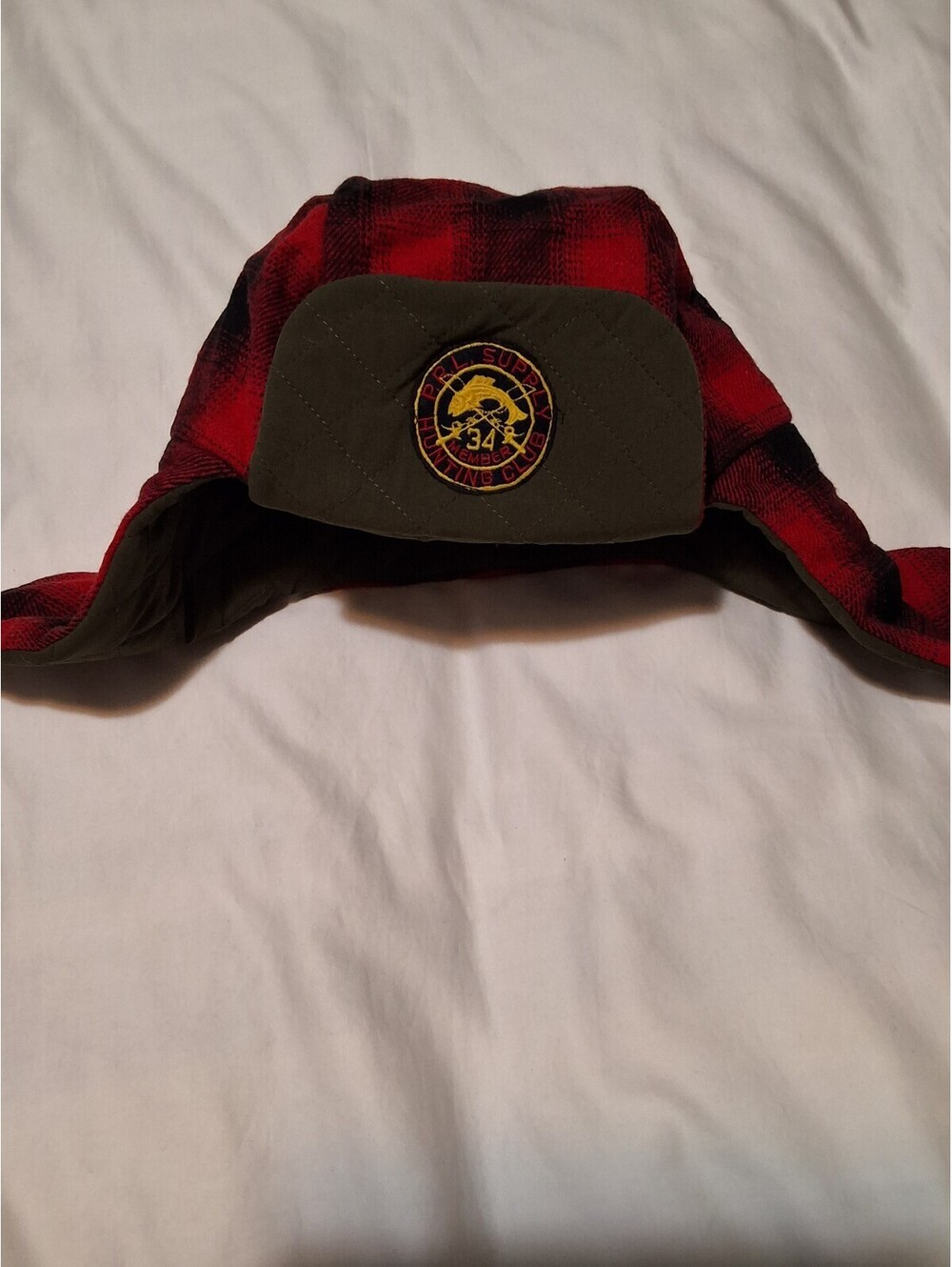 Polo Ralph Lauren Red and Black Plaid Trapper Hat with Olive Green Quilted Liner